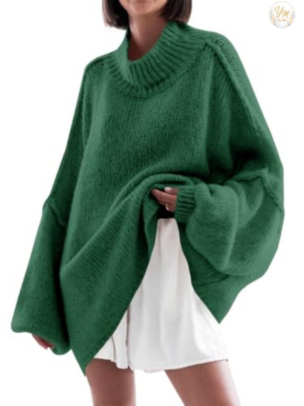 Oversized Mock Neck Tunic Sweater Batwing Long Sleeve Ribbed Knit Pullover